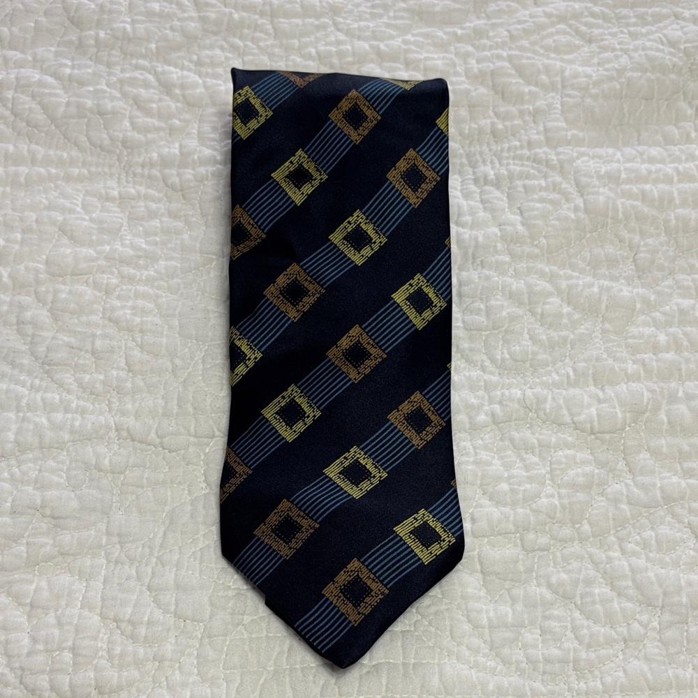Ítalo Ferretti Black Silk Necktie Gold Brown Blue Square Geometric Design